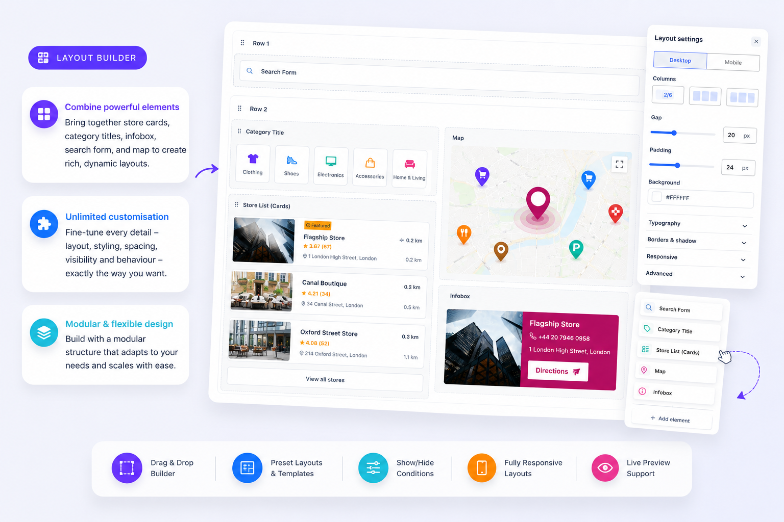 Cliq Store Locator drag-and-drop layout builder, composing a search form, category tiles, store cards, a map and an infobox