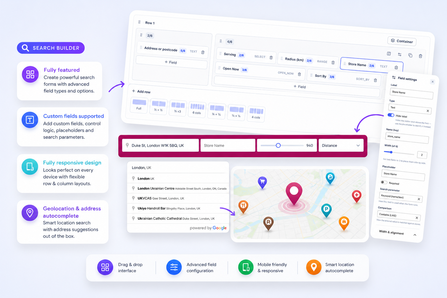 Search form builder with drag-and-drop fields, column layouts, per-field settings and a live Google Places address autocomplete